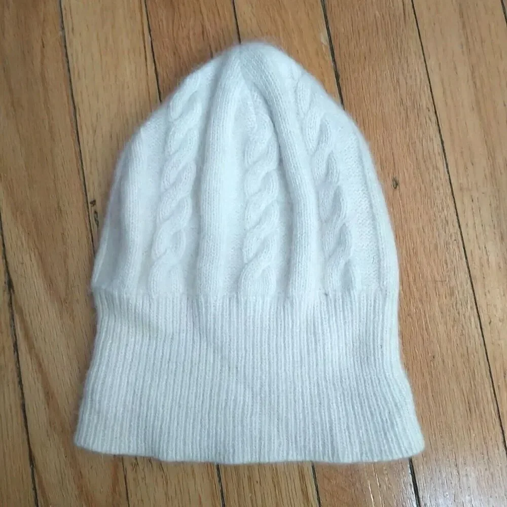 Capelli New York Beanie Hat Girl White Cable Knit Cuffed Angora Lambswool